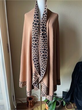 dennis basso Camel Animal Print Trim Wrap Cape